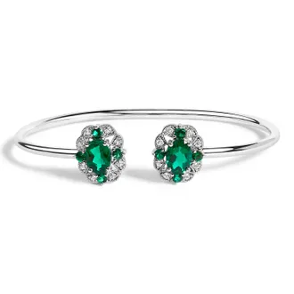 House of Brilliance Sterling Silver White Topaz and Green Emerald Floral Bangle Bracelet 6.5 Inch