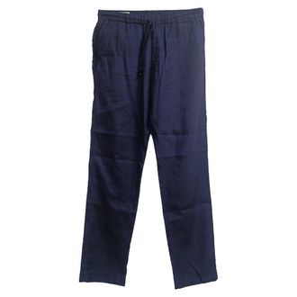 Dries Van Noten Drawstring Straight-Leg Trousers in Navy Blue Linen