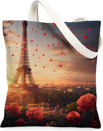 Generic Romantic Floral Canvas Tote Bags, Vintage Heart Pattern Reusable Grocery Bags, Lightweight Washable Shoulder Strap Canvas for Travel Outdoor Picnic 13