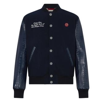 Philipp Plein Varsity Bomber Cocco Sleeves Los Angeles - Heren - Bomber jackets - Blauw - 2XL - Wol - Jassen