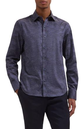 Bugatchi Axel Shaped Fit Geo Floral Stretch Cotton Button-Up Shirt in Navy at Nordstrom, Size Xxx-Large