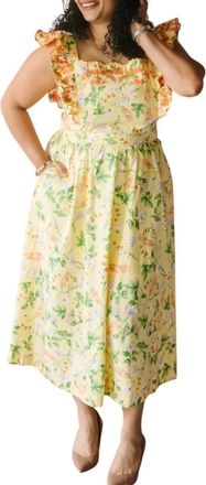 Merci Lemon Ruffled Floral Midi Dress In Yellow