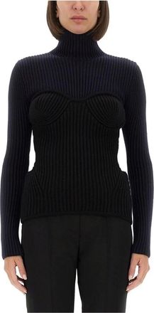 Jean Paul Gaultier Geribbelde coltrui - Dames - Coltruien - Blauw - S - Wol - Truien & Vesten