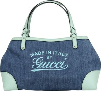 Gucci Green Navy Denim Leather Tote Bag (Pre-Owned)