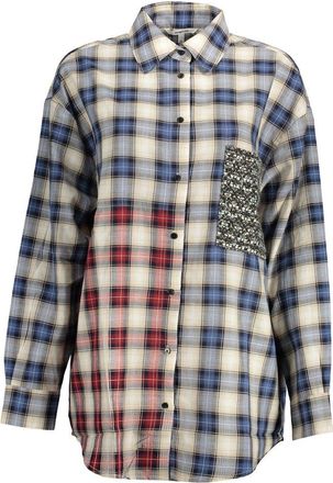 Desigual Womens Plaid Floral Pocket Top - Light Grey Cotton - Size Small