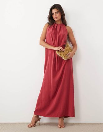 Asos vestito maxi bordeaux con collo alto arricciato e schiena aperta-Rosso