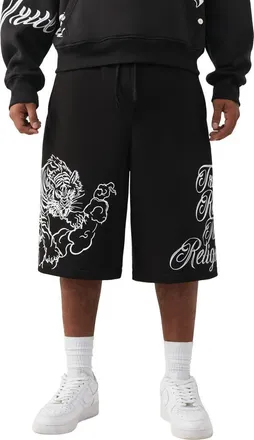 True Religion Tiger Script Drawstring Fleece Shorts in Jet Black at Nordstrom, Size Xxx-Large
