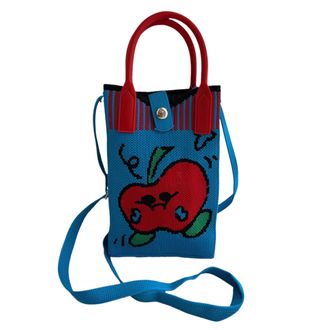 Generic Knitted Mobile Phone Crossbody Bag with Magnetic Buckle, Polyester Fiber Vertical Square Shoulder Bag, 12x18cm with 110cm Strap, Cartoon Design (blue)