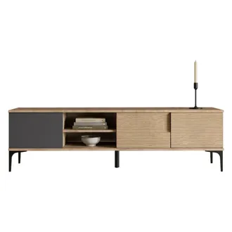 Dmora Mueble Para Tv Imerese, 2 Puertas, Apertura Abatible, 3 Compartimentos, 180x33x49h Cm, Roble Marr&oacute;n