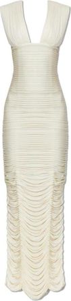 Versace Gedrapeerde Jurk met Split aan de Achterkant - Dames - Avondkleed - Beige - XS - Leer - Kleedjes