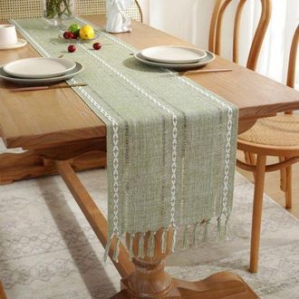 OEM Camino De Mesa Tejido A Mano Con Borlas, Mantel Verde Hierba De 200x33cm, Mantel Largo De Algod&oacute;n Y Lino, Bautizo, Tela Decorativa, Lavable, Boda