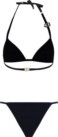 Dolce & Gabbana Womens Triangle Bikini With Gold Plaque Nero Nylon; Elastane Swimwear Sea Clothing