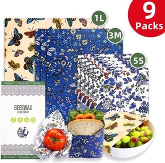 OEM Juego De 9 Pa&ntilde;os Cera Abeja Alimentos Tres Tama&ntilde;os S/m/l Estampado Mariposas Flores, Envase Reutilizable Sin Pl&aacute;stico Todo Tipo Alimentos Cocina