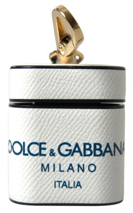 Dolce & Gabbana Womens White Blue Calf Leather Logo Print Strap Airpods Case Accessory