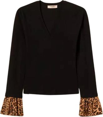 Twinset Dierenprint Sweater Set Lange Mouw - Dames - V-hals truien - Zwart - M - Polyester - Truien & Vesten