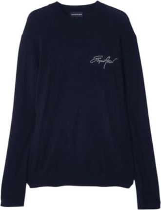 Emporio Armani Trui van scheerwol met jacquardlogo - Heren - Ronde hals truien - Blauw - S - Wol - Truien & Vesten