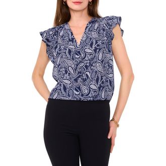 Chaus Print Flutter Sleeve Blouse in Navy/Wht at Nordstrom, Size X-Large