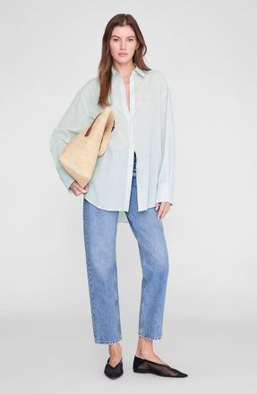 Anine Bing Plaza Shirt in Green And White Mini Stripe at Nordstrom, Size X-Small
