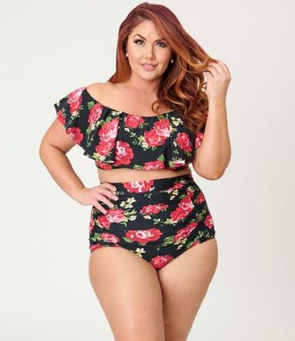 Unique Vintage Plus Size Monroe High Waist Bikini Bottom in Black Cabbage Rose Print at Nordstrom, Size 1X