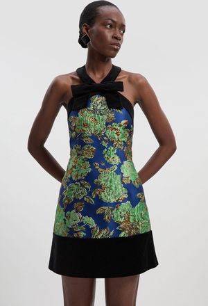 Karen Millen Womens Tall Velvet And Jacquard Contrast Halterneck Tailored Mini Dress - Blue - Size 16 UK