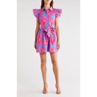 Sugarlips Maia Belted Ruffle Cotton Shirtdress in Pink-Blue at Nordstrom, Size X-Large