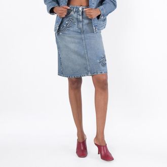 Versace Barocco A-Line Midi Denim Skirt, Brand Size 42 ( US Size 6 )