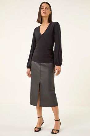 Roman Gathered V-Neck Stretch Top