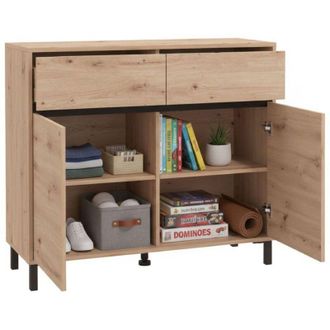 Dmora Credenza Giarree, Madia 2 Cassetti, 2 Ripiani, Apertura Battente, Scorrevole, 106x40x90h cm Marrone Rovere Nodi