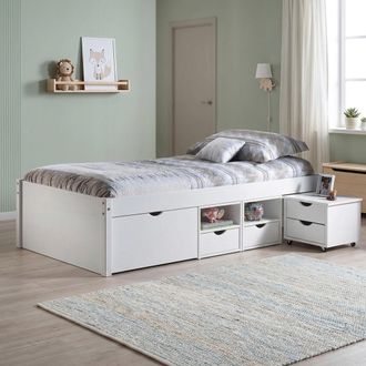 Dmora Dmora Lit Avec Rangements Et Chevet &Agrave; Roulettes Inclus En Pin Massif Verni &Agrave; LEau Blanc, 209 X 96 X 47,5 Cm