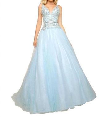 Mac Duggal Fit And Flare Ball Gown With Lace And Bead Applique In Aqua
