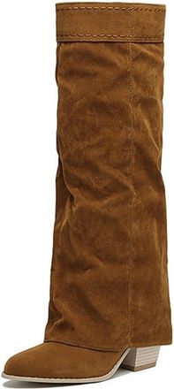 Generic Womens Knee High Fold Over Riding Boots Pointed Toe Chunky Heels Vintage Winter Shoes Pull On (Brown,5.5)