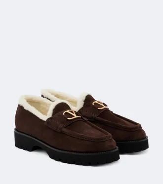 Valentino Garavani VLogo shearling-trimmed suede platform loafers