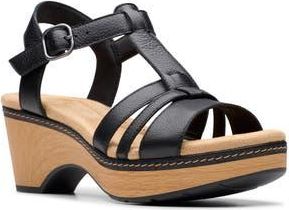 Clarks Seannah Madi Wedge Sandal - Wide Width Available in Black Leather at Nordstrom Rack, Size 9.5