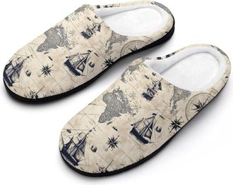 Generic Vintage Nautical Map Ships Womens Slippers Warm House Slippers Indoor House Shoes with Anti-Skid Rubber Sole