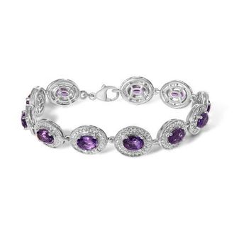 House of Brilliance Sterling Silver 5x7 MM Oval Purple Amethyst & Diamond Halo Link Bracelet in White at Nordstrom