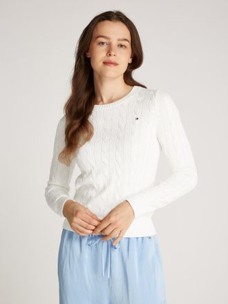 Tommy Hilfiger Rundhalspullover TOMMY HILFIGER CO CABLE VAR LS C-NK SWT, Damen, Gr. XXL (44), beige (ecru), Strick, Obermaterial: 100% Baumwolle, unifarben, slim fit