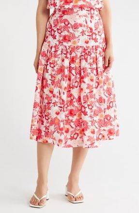 Caslon Cotton Gauze Tiered Midi Skirt in Ivory- Red G Palm Floral at Nordstrom Rack, Size X-Small