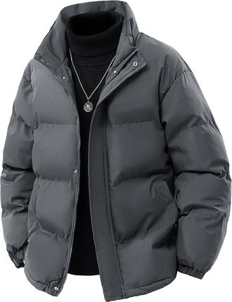 Generic Mens Puffer Jacket Pocket Long Sleeve Stand Collar Coat Winter Outdoor Casual Mens Down Padded Warm Overcoat Men Puffer Jackets Outdoor Down Outerwear