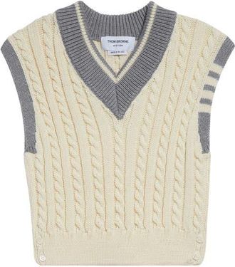 Thom Browne Cable Knit 4-Bar Virgin Wool Sweater Vest in Off White at Nordstrom, Size 12 Us