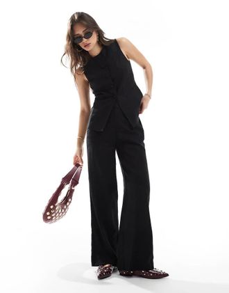 New Look Pantaloni in misto lino a fondo ampio neri in coordinato-Nero