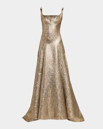 Roland Mouret Sleeveless Textured Metallic Jacquard A-Line Gown