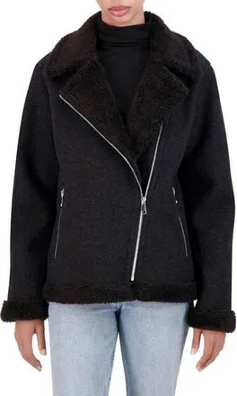 Ookie & Lala Asymmetric Faux Shearling Trim Faux Wool Moto Jacket in Black at Nordstrom Rack, Size X-Small