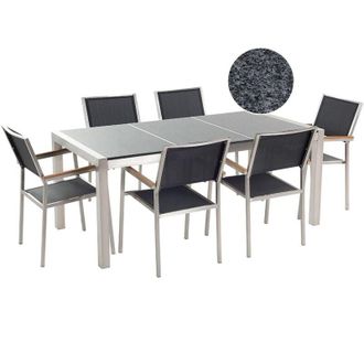 Beliani 6 Seater Garden Dining Set Triple Grey Granite Top Black Chairs Grosseto