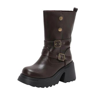 Generic Womens Retro Mid Calf Boots Round Toe Super High Chunky Heel Platform With Buckle Decoration Slip On Style