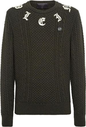 Philipp Plein Pullover Round Neck Monogram - Heren - Ronde hals truien - Groen - 2XL - Wol - Truien & Vesten