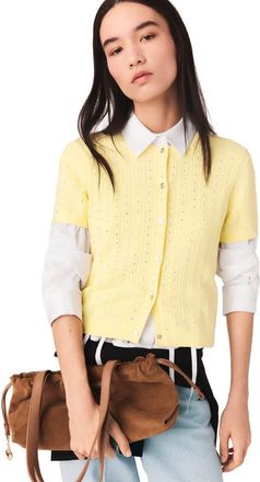 Maje Cardigan with rhinestone neck in Yellow at Nordstrom, Size X-Small
