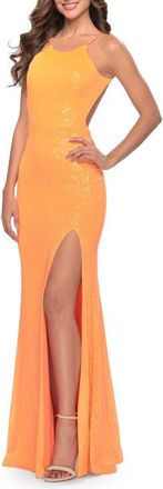 La Femme High Neck Long Sequin Gown with Open Back in Orange at Nordstrom, Size 00