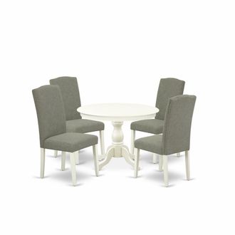 East West Furniture HBEN5-LWH-06 5 Piece Dining Table Set - Linen White Modern Dining Table and 4 Dark Shitake Linen Fabric Modern Dining Chairs with High Back - Linen Wh