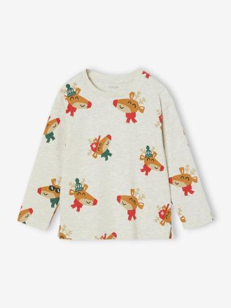 Vertbaudet T-shirt No&euml;l motifs ludiques rennes gar&ccedil;on blanc chin&eacute;