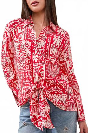 Tribal Printed Textured Challis Blouse With Tie Front In Sangria